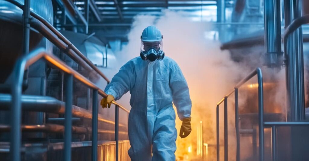 worker with ppe equipment walkin away from smoke on construction site, concept of Industrial Hygiene 101: The Silent Shield Protecting Worker Health & Safety
