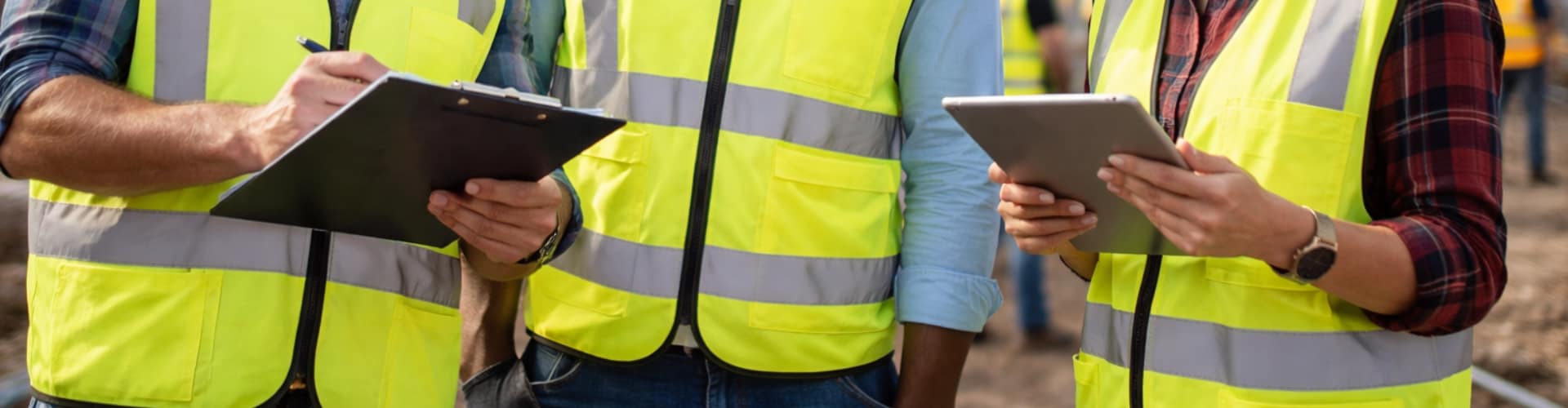 3 people with clip boards, representing EHS Compliance for Construction Companies